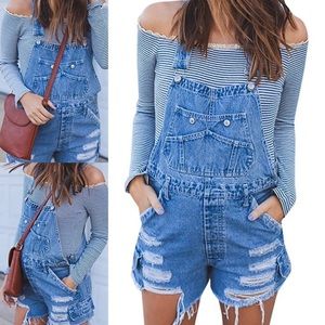 Juniors Destroyed Denim Short Overalls